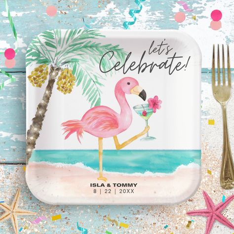 Elevate your wedding table setting with our exquisite collection of wedding plates. From elegant porcelain to rustic wooden designs, find the perfect plates to dazzle your guests. #weddingplates #tabledecor #weddingdetails #elegantdesign #rusticwedding #tablesetting #weddinginspiration #eventdecor #specialoccasion #celebrationprep Flamingo Beach Party, Handwriting Script, Tropical Bridal Showers, Flamingo Beach, Wedding Plates, Tropical Drink, Summer Celebration, Tropical Theme, Paper Plates Party