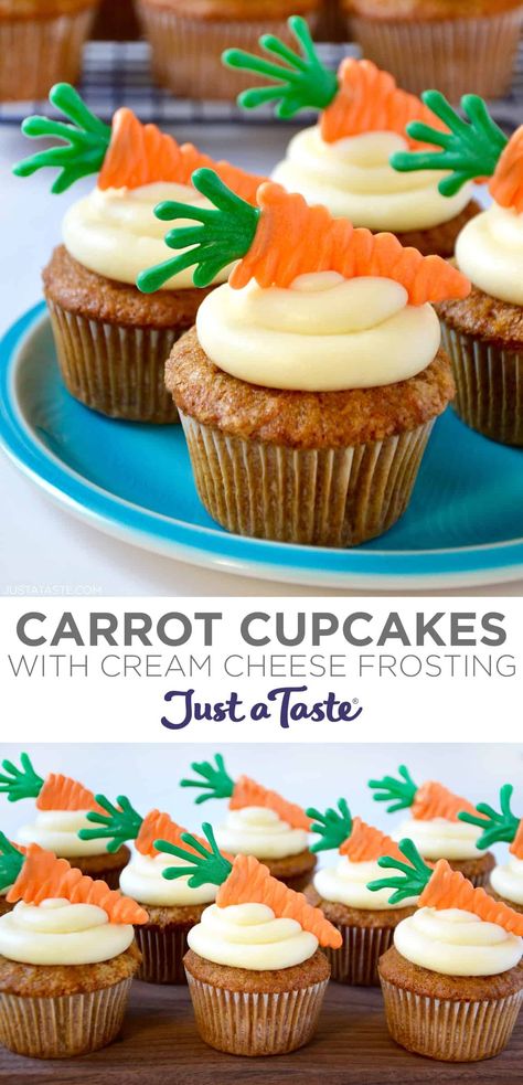 Soft, fluffy and moist carrot cake cupcakes with the best cream cheese frosting and candy melt toppers. These adorable cupcakes make the perfect Easter dessert! #justatasterecipes Moist Carrot Cake Cupcakes, Easter Carrot Cupcakes, Carrot Cupcake Recipe, The Best Cream Cheese Frosting, Best Cream Cheese Frosting, Easter Cupcakes Easy, Moist Spice Cake, Moist Carrot Cake, Candy Melt