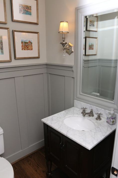 Powder room remodeling ideas powder room traditional with gray paneling gray paneling half bath: Timber Paneling, Wood Panel Bathroom, Traditional Powder Room, Powder Room Remodel, Wood Wall Bathroom, Bathroom Paneling, Painting Wood Paneling, Bathroom Wall Panels, Brick Paneling