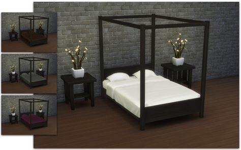 Mod The Sims - Modern Four-Poster Double Bed Sims 4 Cc Four Poster Bed, Sims 4 Canopy Bed, Sims 4 Canopy, Colored Bedding, Modern Double Beds, Four Post Bed, Sims 4 Beds, Post Bed, 4 Poster Beds