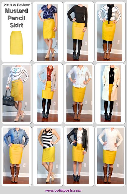 Mustard Skirt Outfit, Monica Outfits, Outfit Mustard, Yellow Skirt Outfits, Yellow Skirts, Mode Ab 50, Yellow Pencil Skirt, Mustard Skirt, Yellow Pencil