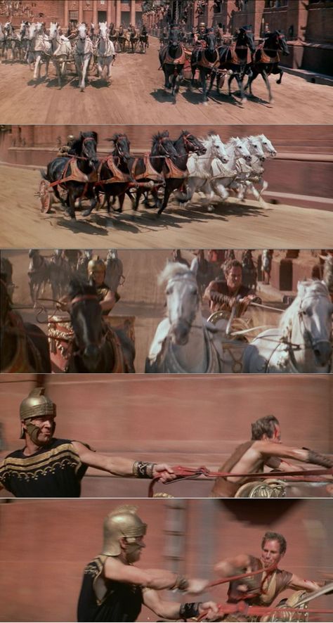 Judah Ben-Hur catching up to Messala a second time, near the end of the race. This time, he rides toward victory even with Messala's dirty tactics to win the race. Ben-Hur 1959 The 10 Commandments Movie, Biblical Movies, Ben Hur 1959, Chariot Racing, Stephen Boyd, William Wyler, Ben Hur, Charlton Heston, Christian Movies