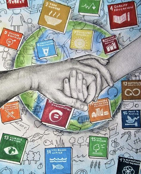 Un Sdgs Poster, Economics Poster Drawing, Sdg Goals Design, Sdg Poster Design, Sustainable Goals Poster, Globalization Poster Ideas Drawing, Global Science For Global Wellbeing Drawing, Economic Development Poster, G20 Poster Drawing Ideas