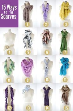 How to tie a scarf bow (#2) // Wrap the scarf around your neck and make sure both ends are even. Then, tie the scarf just as you would tie any bow. You need a longer scarf for this one.  == How to tie the half-bow cinch (#7) // With