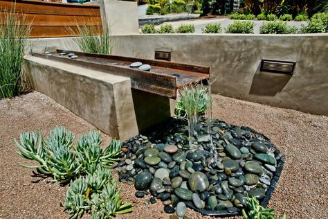 Xeriscaping Ideas, Small Waterfalls, Contemporary Water Feature, Yard Crashers, Backyard Ponds, Storm Water, Water Feature Wall, Backyard Shade, Fountains Backyard