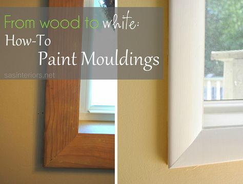 From Wood To White: How-To Paint Moudlings Painting Wood Cabinets, Painting Wood Trim, Painting Wood Paneling, Oak Trim, Painting Wood, White Windows, Painting Trim, Living Room Remodel, Wood Trim