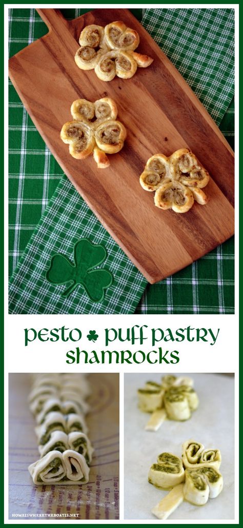 St Patrick's Day Side Dish, Shamrock Puff Pastry, Shamrock Appetizers, Shamrock Recipes, Pesto Puff Pastry, Irish Appetizers, St Patrick's Day Appetizers, St Patricks Food, St Patrick Day Snacks