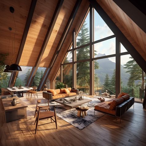 House Up In The Mountains, Mountain Wood House Interior, Aesthetic Wooden House, Mountain House Windows, Homes With Mountain Views, Mountain Cabin Architecture, Scandinavian Cabin Living Room, Wooden Lake House, Home With Mountain View