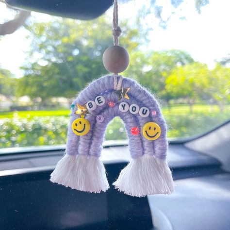 Keychain Fun, Car Hanging Accessories, Birthday Room Decorations, Rainbow Macrame, Macrame Rainbow, Diy Yarn Crafts, Car Hanging, Macrame Ideas, Yarn Diy