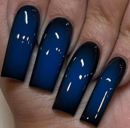 Short Navy Blue Nails Art Designs, Black And Blue Nail Ideas Short, Ombre Blue Nail Designs, Navy Blue Nails Long, Nail Ideas Blue And Black, Black And Blue Nails Ideas, Black And Blue Aura Nails, Dark Blue Nails Coffin, Nails Acrylic Dark Blue