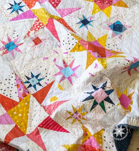 Stardust Shine Quilt — She Makes Joy Rosy Stars Quilt Pattern, Celestial Quilt, Shine Quilt, Camp Quilt, Quirky Quilts, Stars Quilt Pattern, Triangle Quilt Pattern, Irish Chain Quilt, Stars Quilt