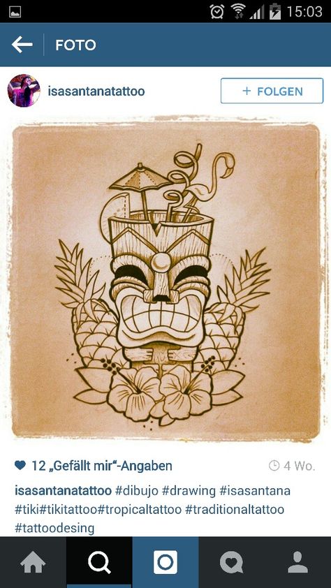 Tiki Tattoo Hawaiian, Tiki Clipart, Tiki Tattoo Ideas, Cocktail Tattoo, Hawaiian Flower Drawing, Mug Tattoo, Tropical Tattoos, Tropical Tattoo, Tiki Tattoo