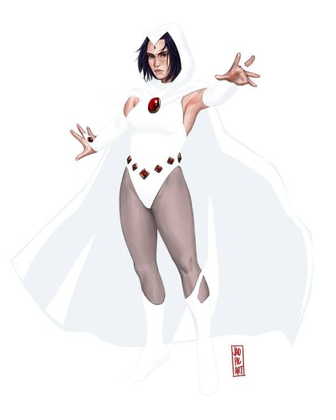 Jao Picart on Instagram: “I remember when I was a kid, I really liked the Teen Titans episode where Raven wears the white suit and had longer hair, just because it…” Raven Costume, Raven Artwork, The New Teen Titans, Dr Marvel, White Raven, Raven Art, Music Motivation, White Suit, Halloween Costume Outfits