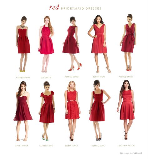 A collection of red bridesmaid dresses Bright Red Bridesmaid Dresses Short, Red Bridesmaid Dresses Short, Color Wedding Dresses, Wedding Gowns Ideas, Dress For The Wedding, Bridesmaid Dresses Short, Red Wedding Theme, Bridesmaids Ideas, Red Bridesmaid