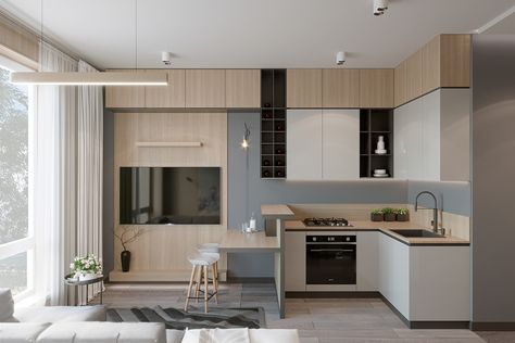 27 sq.m on Behance Small Kitchen And Living Room Layout, Studio Kitchen Living Room Combo, Small Kitchen And Living Room Combo, Small Kitchen And Living Room, Kitchen Living Room Combo, Condominium Interior Design, Condominium Interior, Open Kitchen And Living Room, Small Apartment Kitchen