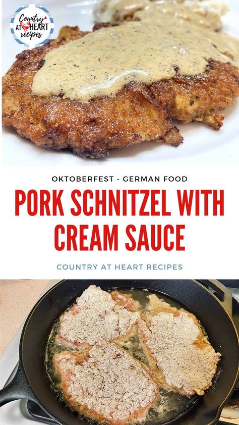 Pork Schnitzel with Cream Sauce is one of our favorite comfort dinners. It works well for a Sunday dinner or for your next Octoberfest celebration. #porkschnitzelwithcreamsauce #maindishes #pork #germancuisine #oktoberfest #dillcreamsauce #porktenderloin #germanfood #breadedmeat #friedfoods #castironskillet #countryatheartrecipes https://countryatheartrecipes.com/2020/06/pork-schnitzel-with-cream-sauce/ Weiner Snitzel Recipe, German Pork Recipes, German Pork Chops, Pork Schnitzel Recipe, Recipes Main Dishes, Pork Cutlet Recipes, Food Authentic, German Food Authentic, Schnitzel Recipes