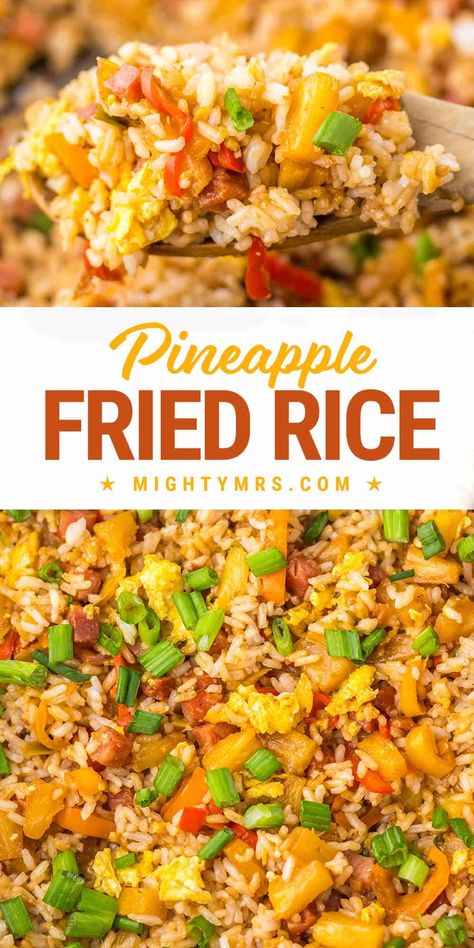 You'll love this quick and easy pineapple fried rice featuring pineapple tidbits, diced ham, and bell peppers. It's perfect for using up leftover ham or white rice. Meal prep for the week for lunch or dinner or make it fresh in just 25 minutes! White Rice Meal Prep, Pineapple Rice Recipes, Rice Meal Prep, Hawaiian Fried Rice, Pineapple Fried Rice Recipe, Ham And Pineapple, Pineapple Tidbits, Ham Fried Rice, Pineapple Fried Rice