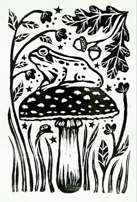 Linoleum Printmaking Patterns, Witch Linocut, Linoleum Print Ideas, Toad Mushroom, Linoleum Prints, Toad Stool, Block Print Art, Funny Cat Art, Mushrooms Art