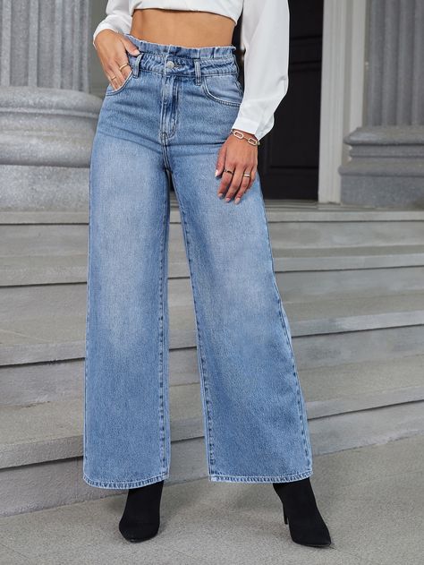 Paperbag Waist Wide Leg Jeans | SHEIN USA Wide Leg Outfit, Flare Jeans Style, Black Slim Pants, Wide Legged Jeans, Looks Jeans, Indian Outfits Lehenga, Light Denim Jeans, Womens Black Pants, Black Mom Jeans