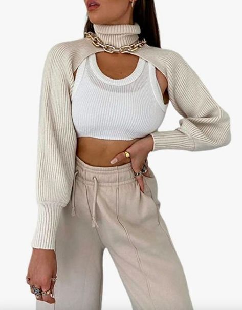 Fashion , style, crop top, sweater, fall, outfit Shrug Outfit Ideas, Shrug Outfit, Super Cropped Sweater, Pullover Crop Top, Lady Tops, Women Turtleneck, Crop Pullover, Trendy Crop Tops, Knitting Sweater