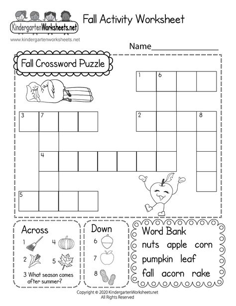 Kids can solve a fall-themed crossword puzzle using picture clues, hints, and a word bank by writing in the missing words. This free fall activity worksheet covers the following words: apple, rake, pumpkin, leaf, nuts, acorn, fall, and corn. Fall Worksheets For Kindergarten, Free Fall Worksheets, Spelling Worksheets Kindergarten, Thanksgiving Worksheets Kindergarten, Kindergarten Fall Worksheets, Halloween Worksheets Kindergarten, Preschool Forms, Christmas Worksheets Kindergarten, Writing Worksheets Kindergarten