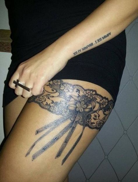 30+ Lace Tattoo Designs for Women - For Creative Juice #tattoo #tattoosideas #tattooart #tätowierung #tätowierungskunst #tättoidee #tatouage #tatuaje #tatuaggio Lace Thigh Tattoos, Lace Garter Tattoos, Garter Tattoo, Lace Tattoo Design, Thigh Garter, Marquesan Tattoos, Sugar Skull Tattoos, Tattooed Women, Lace Tattoo