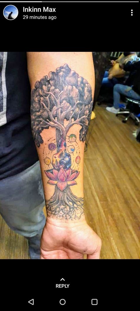 #Buddha lotus universe tree Female Buddha Tattoo Goddesses, Bodhi Tree Tattoo, Buddha Lotus Tattoo, Tree Sleeve Tattoo, Sleeping Buddha, Tree Tattoo Forearm, Chakra Tattoo, Buddhist Tattoo, Universe Tattoo