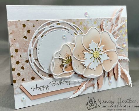 Painted Poppies in soft pink, white and gold make a lovely birthday card. CASE'd from Mary Deathridge. #nancysniftynotes Stampin Up 60th Birthday Cards For Ladies, Stampin Up Birthday Cards For Women 2024, Female Birthday Cards Handmade Beautiful, Stampin Up Birthday Cards For Women, Birthday Cards To Make, Home Decor Ideas Paper, Flower Cards Handmade, Irresistible Blooms, Poppy Birthday