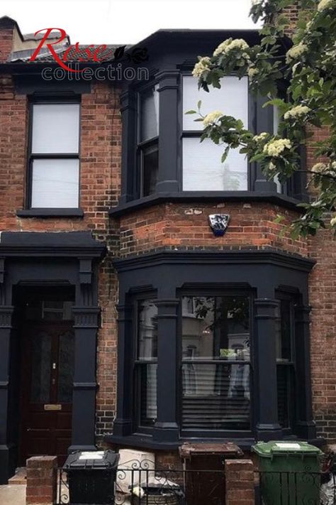 Black House With Red Brick, Terraced House Exterior, Black Windows Exterior, Upvc Sash Windows, Outside House Paint, Terrace House Exterior, Red Brick House Exterior, Painted Brick Exteriors, Victorian Homes Exterior