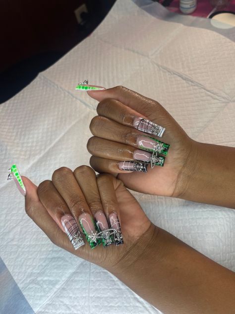 Bad And Boujee Nails Green, Green Black And White Nail Designs, Slime Green Nail Designs, Green N White Nails, Green And Red Nails Acrylic, Green White And Black Nails, White And Forest Green Nails, Different Color Green Nails, Green And White Nails Acrylic