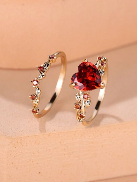 2pcs Red Heart Shaped Cubic Zirconia In Claw Setting Fashion Ring Set For Women's Wedding Jewelry And Bridesmaid Gift | SHEIN USA Red Heart Rings, Engagement Rings Red, Wedding Rings Diamond Shape, Cutout Clothes, Red Wedding Ring, Pink Diamond Wedding Rings, Red Heart Ring, Red Engagement Ring, Red Jewelry Set