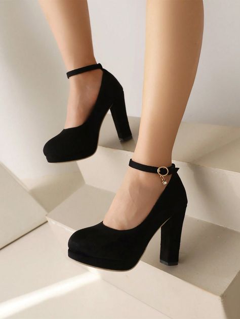 Black  Collar     Embellished   Women Shoes Black Evening Shoes, Ankle Strap Chunky Heels, Cute Shoes Heels, Black Platform Heels, Fancy Shoes, Chunky High Heels, Platform Heels Chunky, Ankle Strap Pumps, Prom Shoes