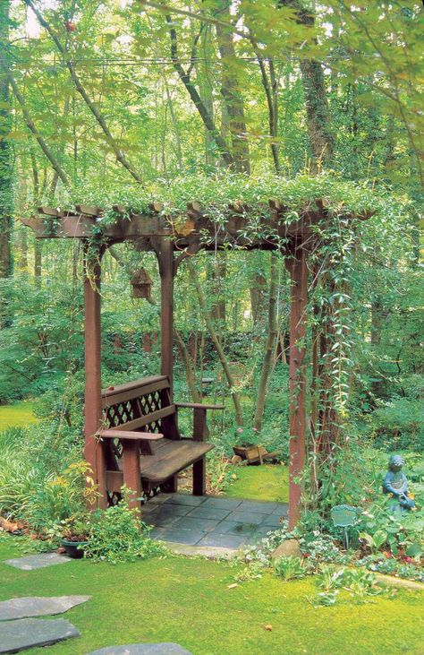 Shady arbor bench Sitting Area Under Tree, Arbor Bench, Wood Arbor, Cheap Landscaping Ideas, Pergola Lighting, Wood Pergola, Aesthetic Garden, Garden Arbor, Wooden Pergola