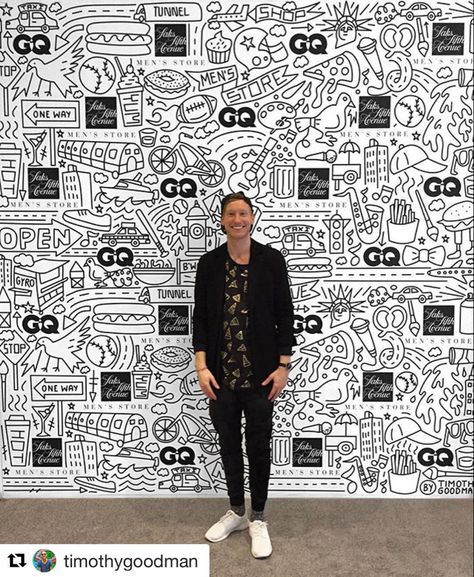 RGD on Instagram: “Designer and illustrator @timothygoodman poses in front of the wallpaper he created for GQXSaks at an event for the opening of Saks new…” Frank Chimero, Timothy Goodman, Stefan Sagmeister, David Carson, Cool People, Mural Ideas, Inspiring People, 5k Followers, Print Magazine