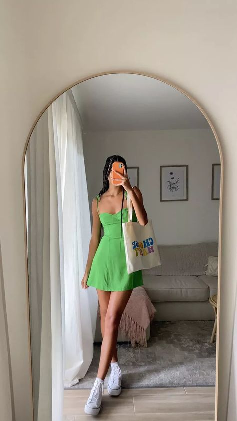 White Converse And Dress Outfit, Green Sun Dress Outfit, Sundress And Converse, Platform Converse Dress, Platform Converse Outfit Dress, White Converse Dress Outfit, White Converse With Dress, Dress With Converse Casual, White Dress With Converse