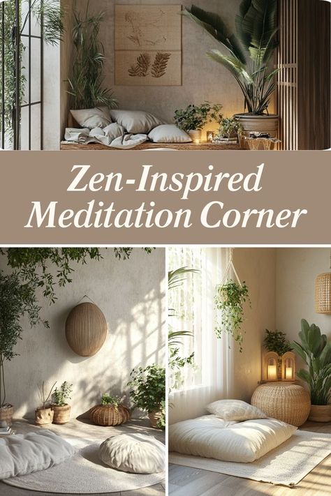 Create a tranquil meditation corner with minimal decor and natural elements. #MeditationCorner #ZenDecor #CalmSpaces Healing Room Ideas Meditation Space, Meditation Corner Diy Small Spaces, Zen Bedroom Ideas Serenity, Meditation Space In Bedroom Cozy Corner, Japanese Meditation Room, Sound Healing Room, Zen Corner Ideas, Mindfulness Corner, Meditation Corner In Bedroom