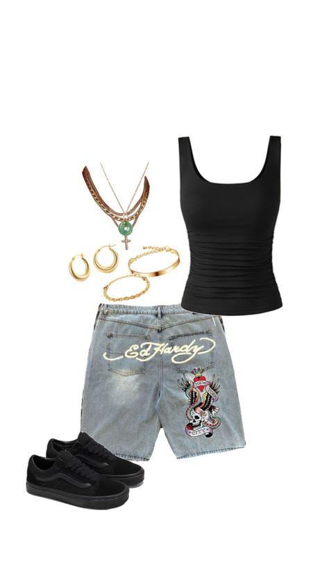 Black tanktop,ed hardy jorts,gold jewelry,vans knuskooll Ed Hardy Outfit, Black Tanktop, Cute Streetwear, Spend Money, Outfit Goals, Ed Hardy, Types Of Fashion Styles, Black Tank Tops, Cute Fits