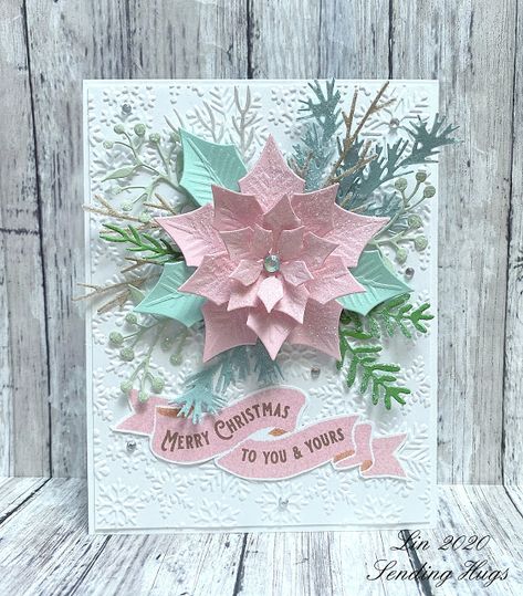 Pink Christmas Cards, Handcrafted Christmas Cards, The Greetery, Poinsettia Cards, Stamped Christmas Cards, Christmas Card Inspiration, Falling Snow, Homemade Christmas Cards, Christmas Card Crafts