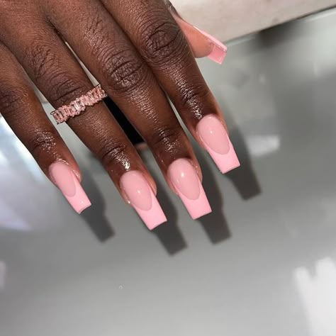 Pink Coffin Medium Nails, Pink French Tip Nails With Pink Base, Pink Base French Tip Nails, Soft Pink Nails Acrylic, Pink On Pink French Tip Nails, French Pink Tip Nails, Pink Base French Nails, Soft Pink French Tip Nails, Pink On Pink Nails