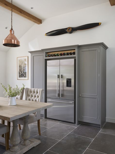 This bespoke fridge freezer housing is perfect for the grey kitchen, built using our traditional Original furniture #harveyjones #kitchens #greykitchen Fridge Cabinets, Built In Fridge, Built In Fridge Freezer, Designer Kitchens, Small Cottage Kitchen, Barn Kitchen, Kitchen Fridges, Furniture Cheap, Farmhouse Kitchen Cabinets