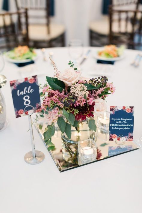 Navy Blue And Blush Wedding Centerpieces, Wedding Centerpieces Burgundy, Centerpieces Burgundy, Navy Wedding Centerpieces, Floral Signage, Blush Pink Wedding Centerpieces, Blush Wedding Reception, Navy Blush Weddings, Blush Wedding Centerpieces