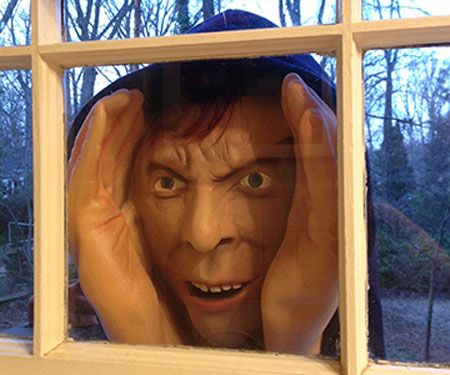 Scary Peeping Tom Window Prop - Awesome Stuff 365 Hands Cupped, Furrowed Brow, Halloween Pranks, Peeping Tom, Halloween Bathroom, Creepy Halloween Decorations, Unique Holiday Decor, Spooky Halloween Decorations, Fun Halloween Decor