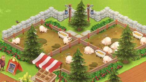 Hayday Pigs Design, Hay Day Pig Design, Cow Pen, Hayday Farm Design, Pig Pen, Farm Day, Farm Layout, Farm Games, Minecraft Decorations