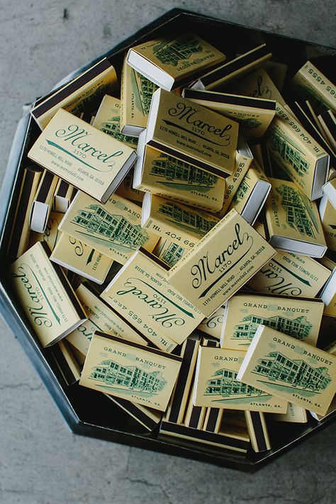 Wedding Match Boxes, Matchbox Art, Vintage Hotels, Wedding Matches, Wedding Stationary, Here Comes The Bride, Atlanta Georgia, Marketing Materials, Restaurant Design