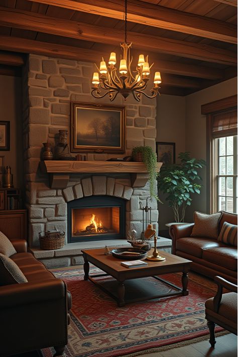 Cozy rustic living room with wooden beams, stone fireplace, and vintage furniture Wood Panel Living Room Decor, Primitive Fireplace Living Room, Rustic Lamps Living Room, Diy Rustic Living Room, Primitive Fireplace, Living Room Makeover Ideas, Room Makeover Ideas, Interior Design Rustic, Rustic Retreat