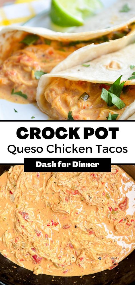 Slow Cooker Queso Chicken, Queso Chicken Tacos, Slow Cooker Queso, Crock Pot Queso, Queso Chicken, Rotel Recipes, Chicken Breast Crockpot Recipes, Chicken Taco Seasoning, Easy Taco Recipes