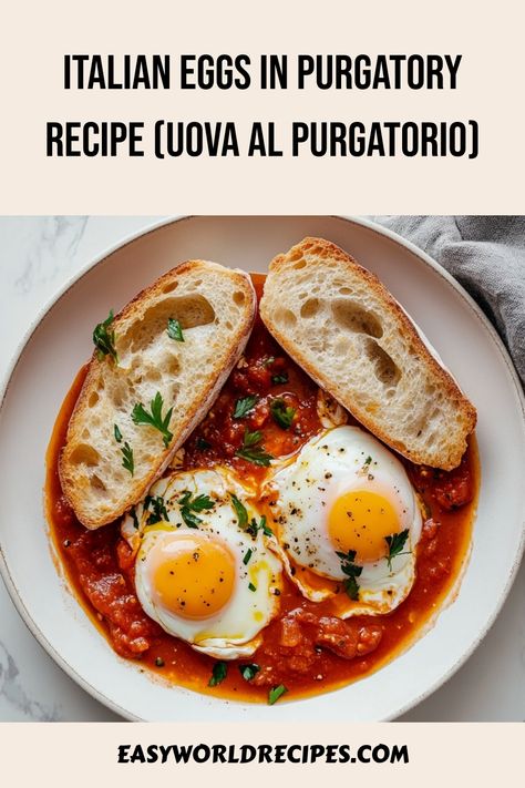 Discover the fiery flavors of Eggs in Purgatory (Uova al Purgatorio), a traditional Italian dish of poached eggs simmered in a spicy tomato sauce. Originating from Naples, this dish captures the essence of cucina povera – simple, affordable ingredients transformed into a rich, flavorful meal. Egg In Purgatory, Eggs In Purgatory Recipe, German Appetizers, Italian Main Dishes, Eggs In Purgatory, Italian Eggs, Italian Dinner Recipes, Traditional Italian Dishes, Italian Breakfast