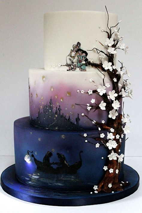 Aladdin Wedding Cake, D&d Wedding Cake, Disney Cakes Birthday, Tangled Wedding Cake, Disney Tangled Wedding, Wedding Cake Disney, Airbrush Cake Designs, Fun Wedding Cakes, Disney Cake Ideas