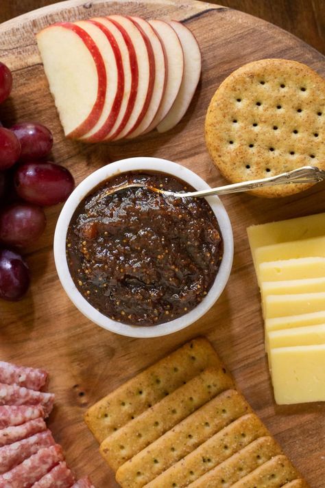 Spicy Fig Jam Recipe, Fig Spread Appetizer, Fig Spread Recipes, Glaze For Chicken, Fig Ideas, Freezer Jams, Crackers And Cheese, Pretty Jars, Canning Jam Recipes