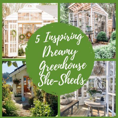 Dreaming of a Greenhouse She-Shed She Shed Glass House, She Shed Made From Old Windows, Greenhouse Furniture Ideas, Decorate Greenhouse, Greenhouse Decor Ideas, Decorating A Greenhouse, Greenhouse She Shed Combo, Vintage Window Greenhouse, Decorated Greenhouse